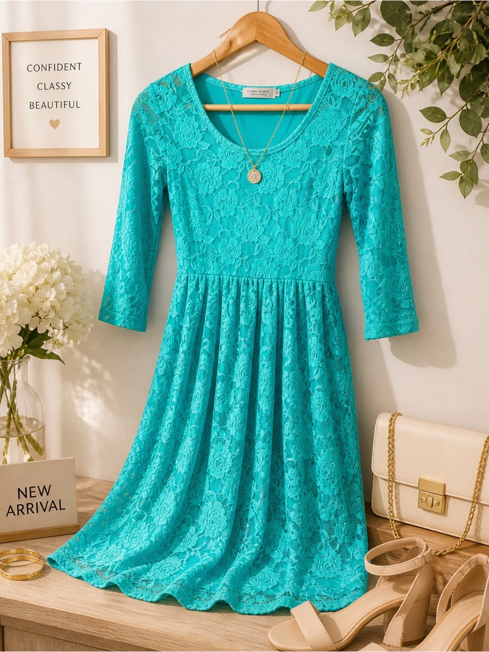 Signature lace Blue Green dress 3/4 Sleeves Scoop Neck midi dress size small EUC